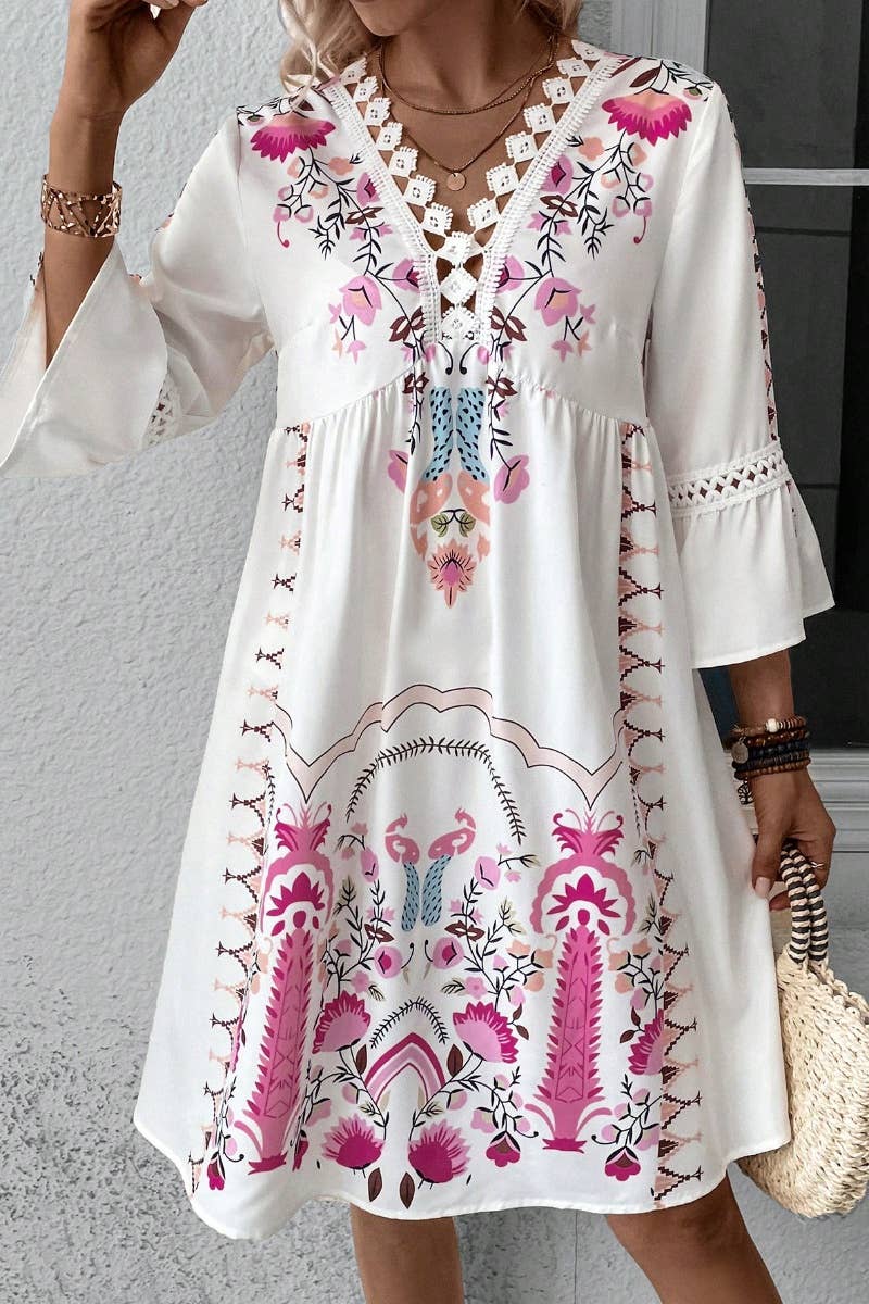 CWDSD4861_SUMMER CASUAL V-NECK LACE PATCHWORK PRINT DRESS