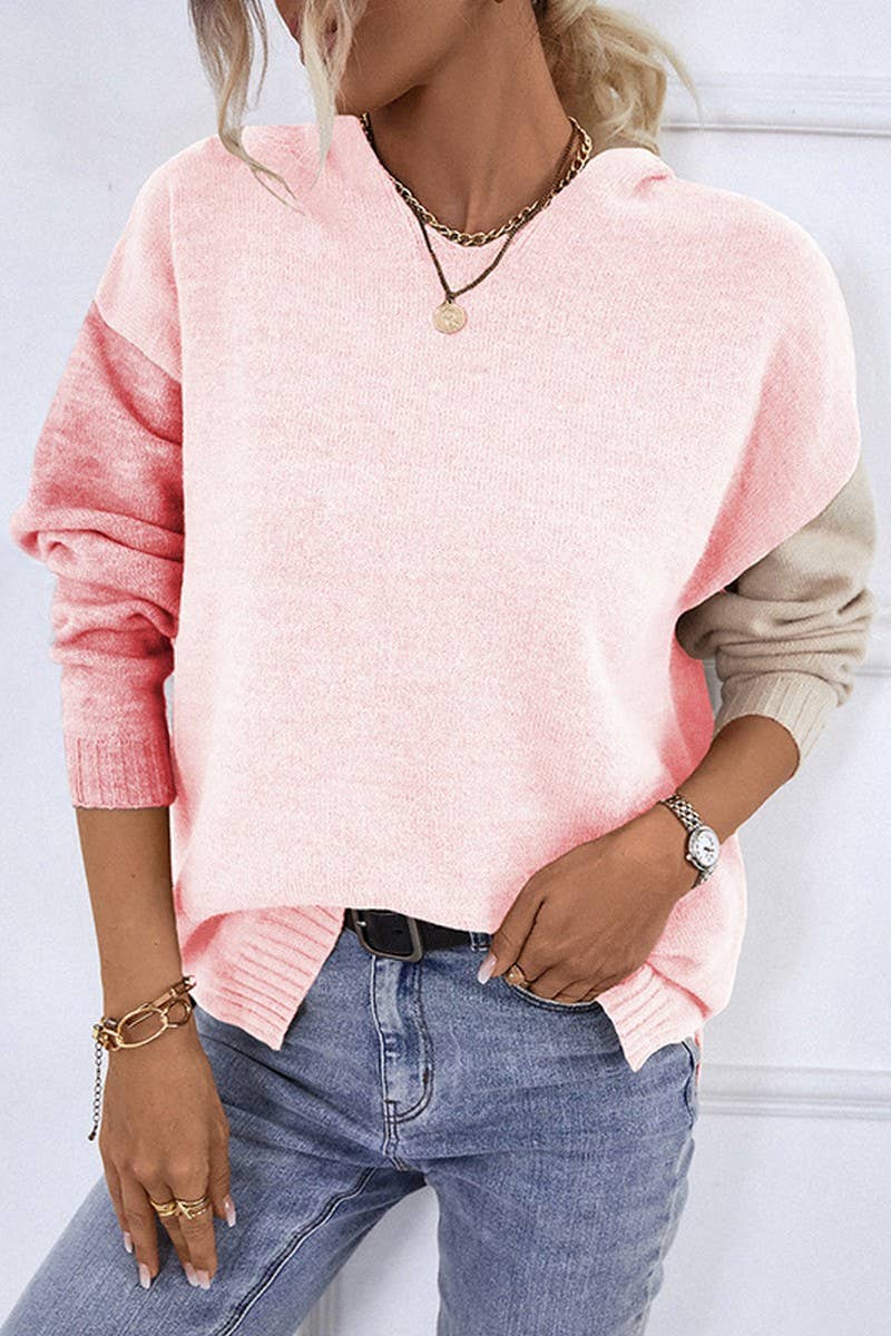 CWOSWL2944_CONTRAST COLOR HOODED KNITTED PULLOVER