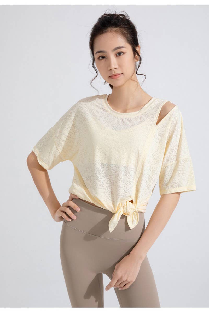 CWTBLS1470_JACQUARD CUTOUT SHORT SLEEVE RUNNING TOP