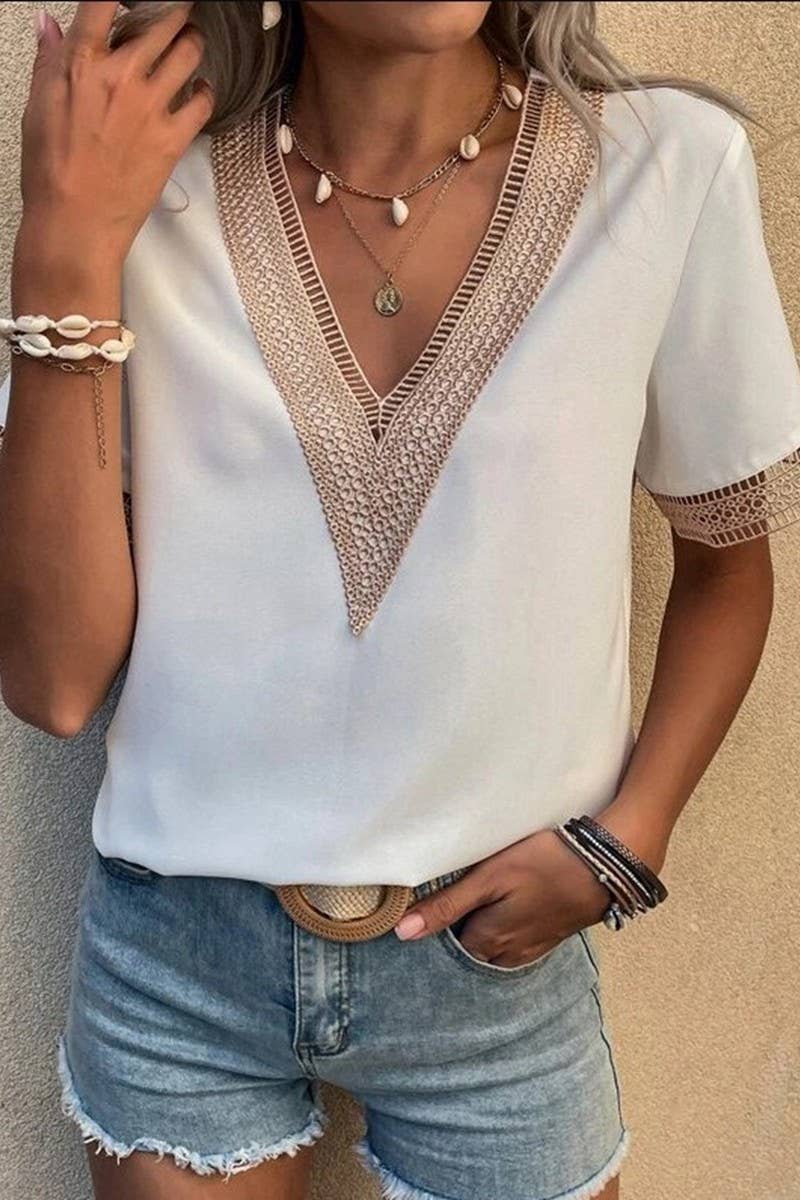 CWTBLS0826_V-NECK LACE CASUAL SOLID COLOR SHIRT