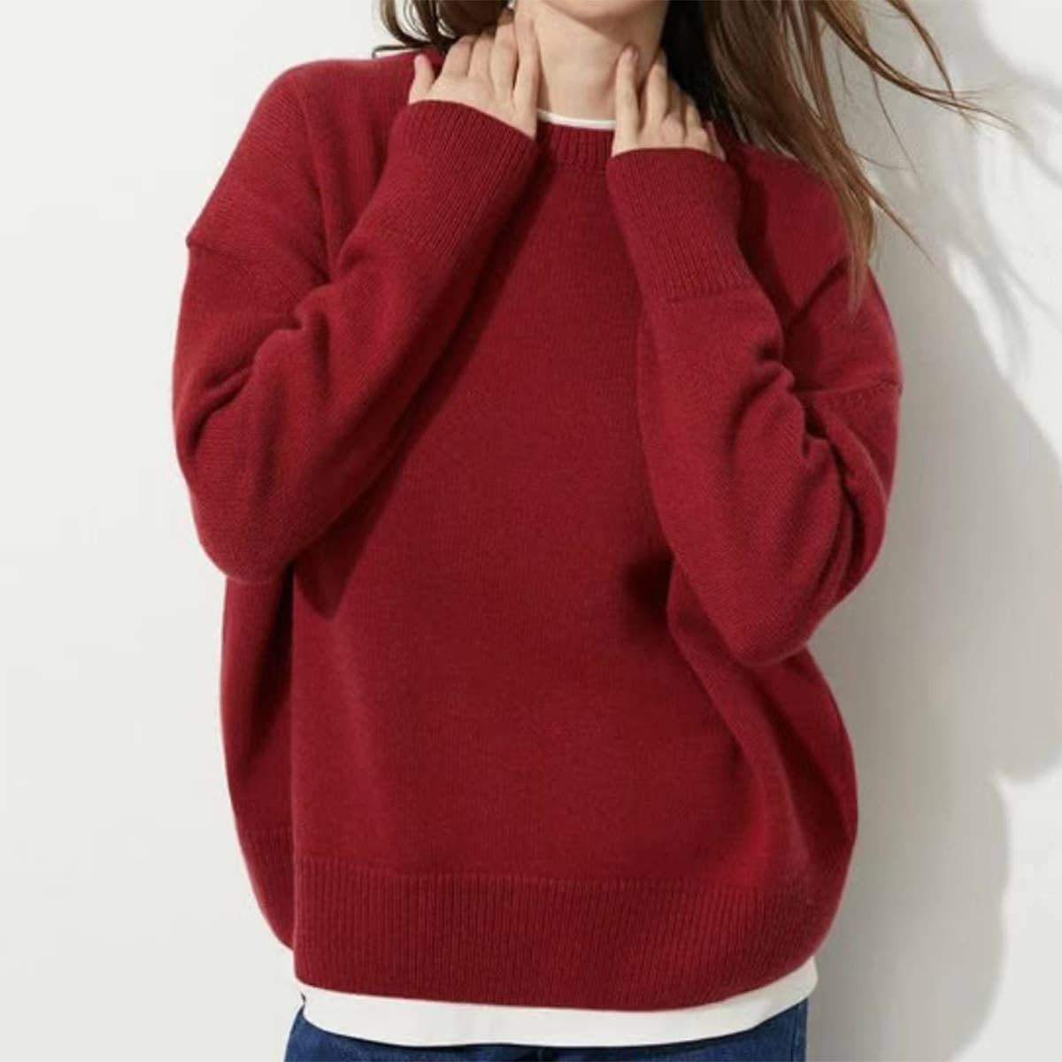 ALL-IN SOLID COLOR KNIT CASUAL CREW-NECK SWEATER