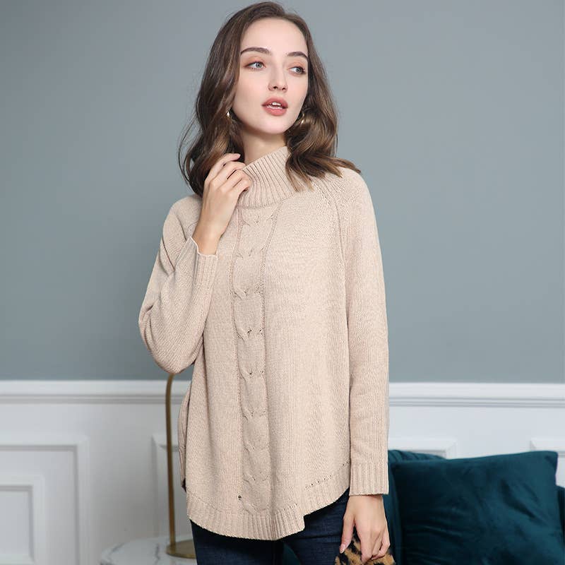 BAT-SLEEVED TURTLENECK TWISTED KNIT SWEATER