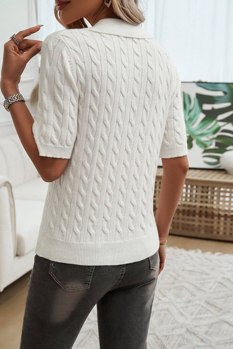 CWOSWS0101_V NECK LAPEL SHORT SLEEVE KNITTED SWEATER