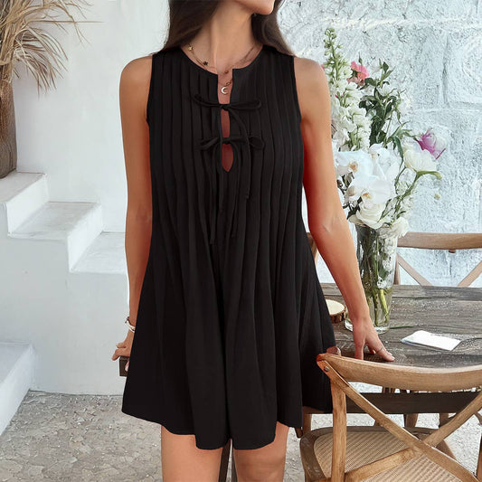 Casual lace-up pinched sleeveless short dress