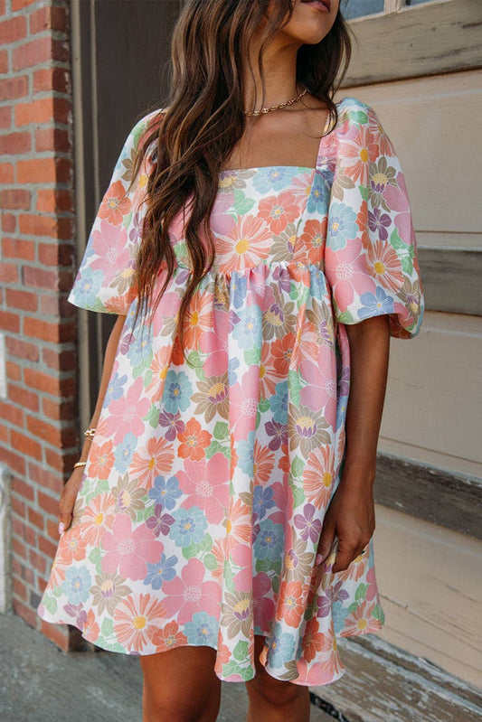 Floral printed backless short-sleeved dress
