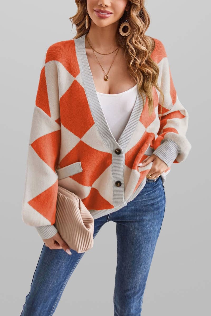 CWOCAL1814_V-NECK LOZENGE LONG SLEEVE CARDIGAN