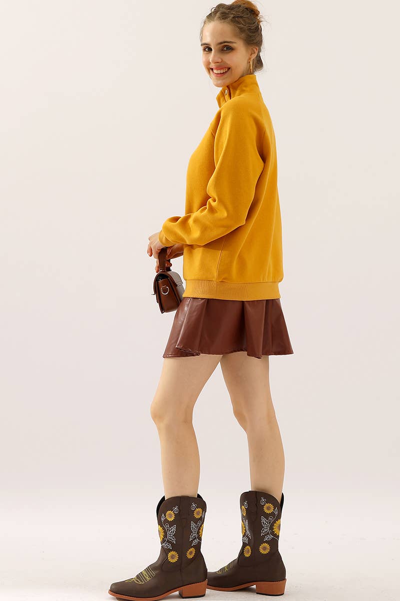 CWTTL1427_Snap Button Neck Casual Long Sleeve Top