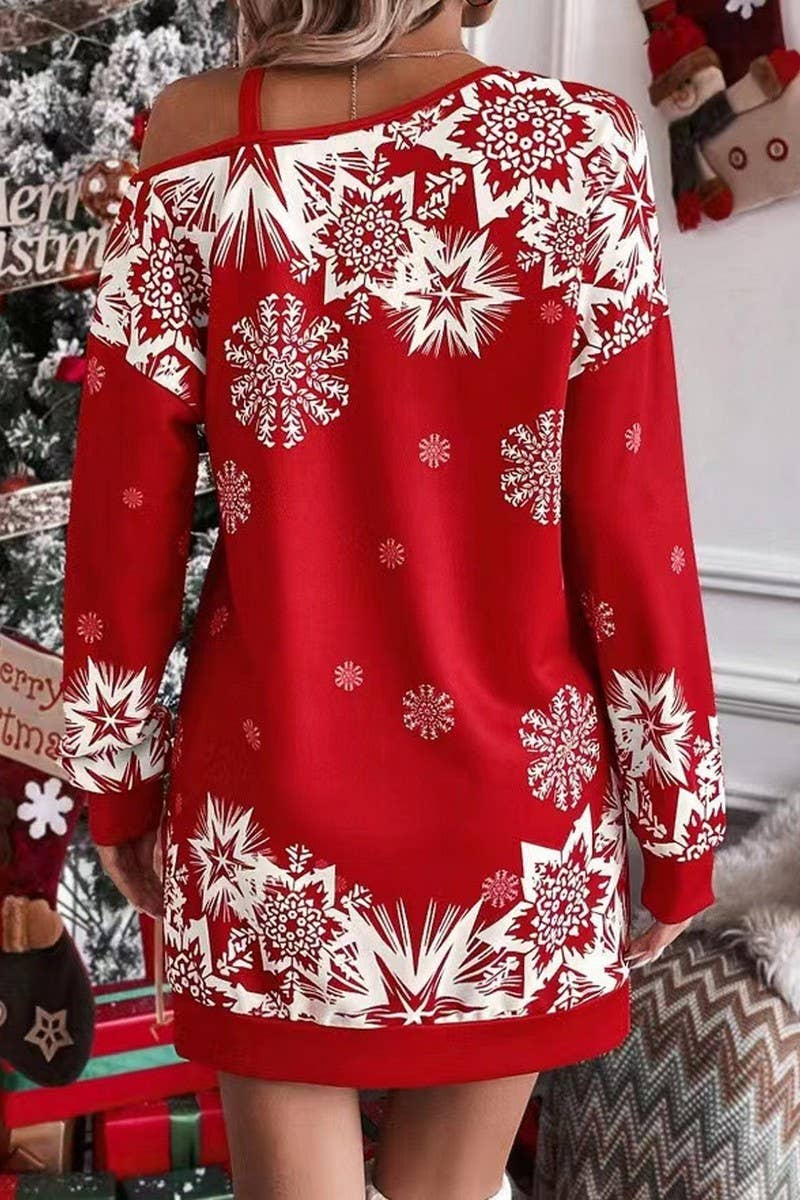 CWDSD10877_CHRISTMAS SNOWFLAKE OFF SHOULDER DRESS