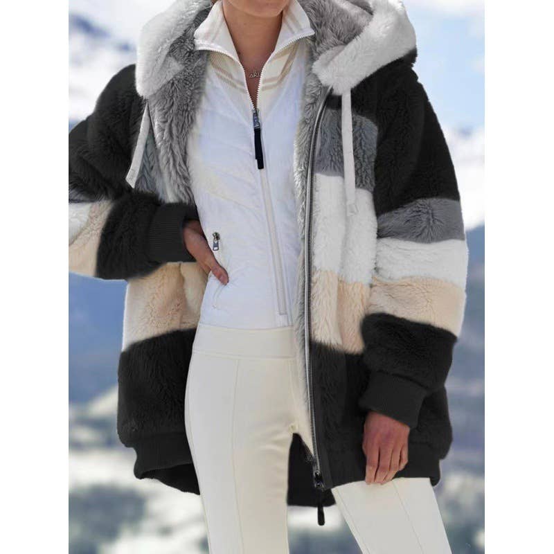 FLEECE PATCHWORK ZIPPER POCKET HOODED JACKET