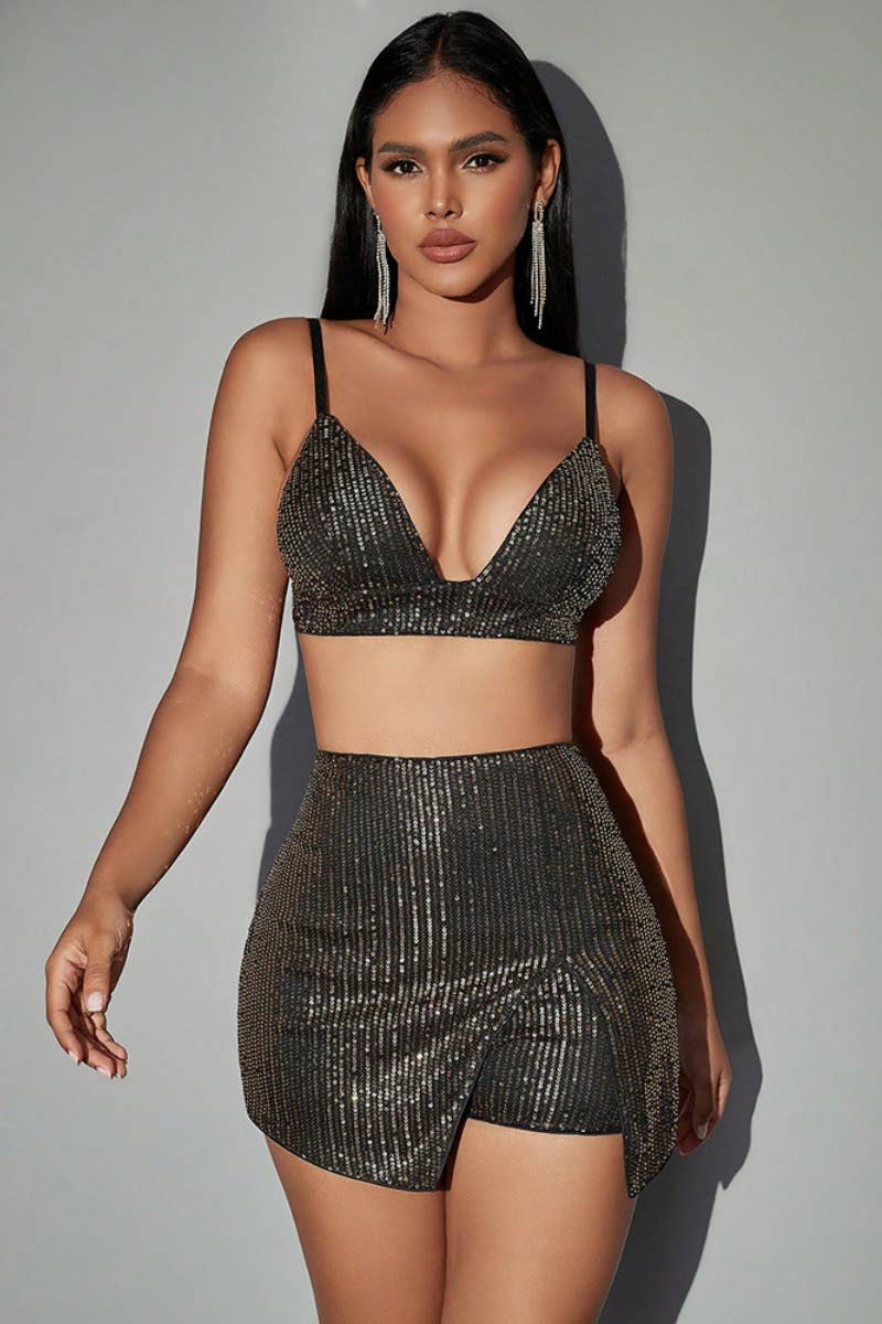 CWSS0613_SEXY SEQUIN HALTER TOP TANK TOP SHORTS SUIT