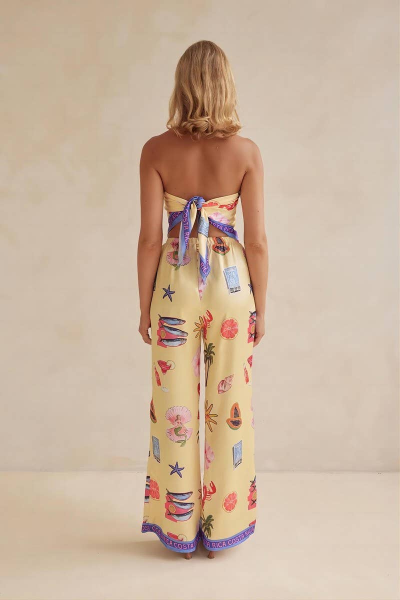 CWSJS1740_FLORAL STRAPLESS CROP TOP WITH WIDE LEG PANTS SET
