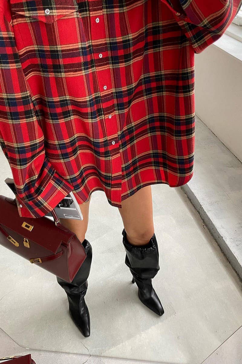 CWTBLL3354_RETRO PLAID LOOSE LONG-SLEEVED SHIRT TOP