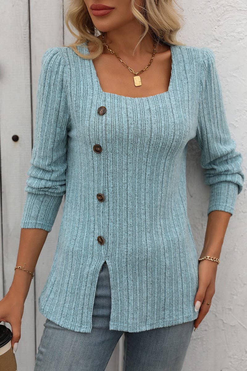 CWOSWL6829_SQUARE NECK BRUSHED SOLID COLOR LONG SLEEVE TOP