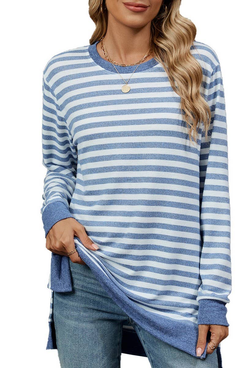 CWTBLL2354_ROUND NECK STRIPED COLORBLOCK LOOSE T-SHIRT TOP