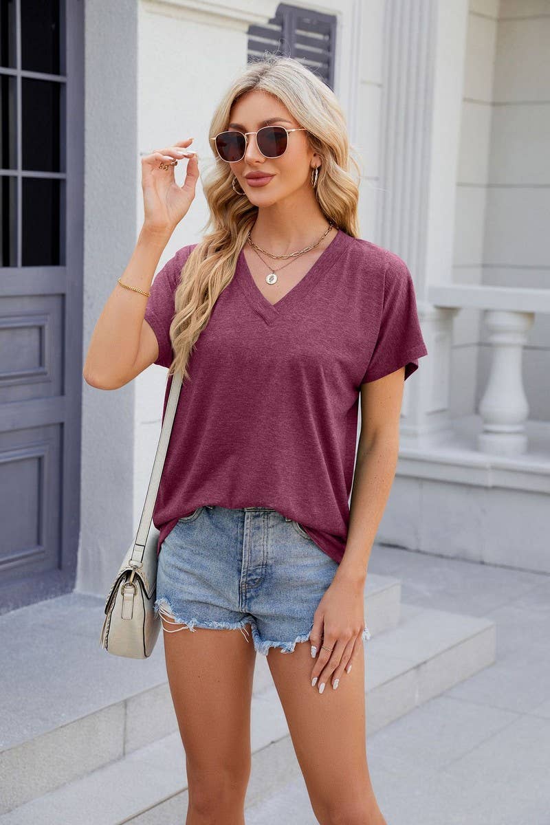 CWTTS0822_V-Neck Short Sleeve Knit Top