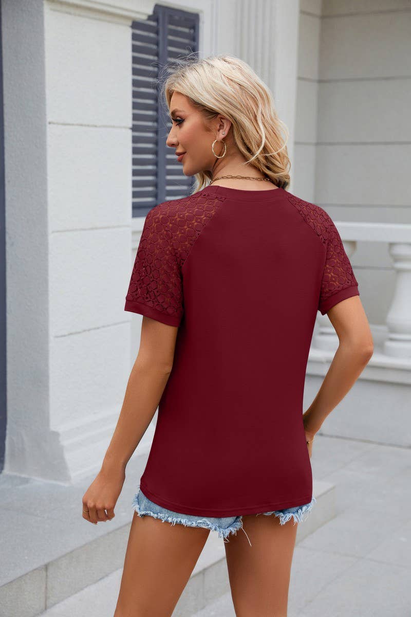 CWTTS0812_Round Neck Contrast Lace Short  Sleeve Blouse