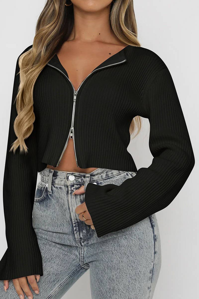 CWOCAL00613_SEXY SOLID LONG SLEEVE ZIP CARDIGAN