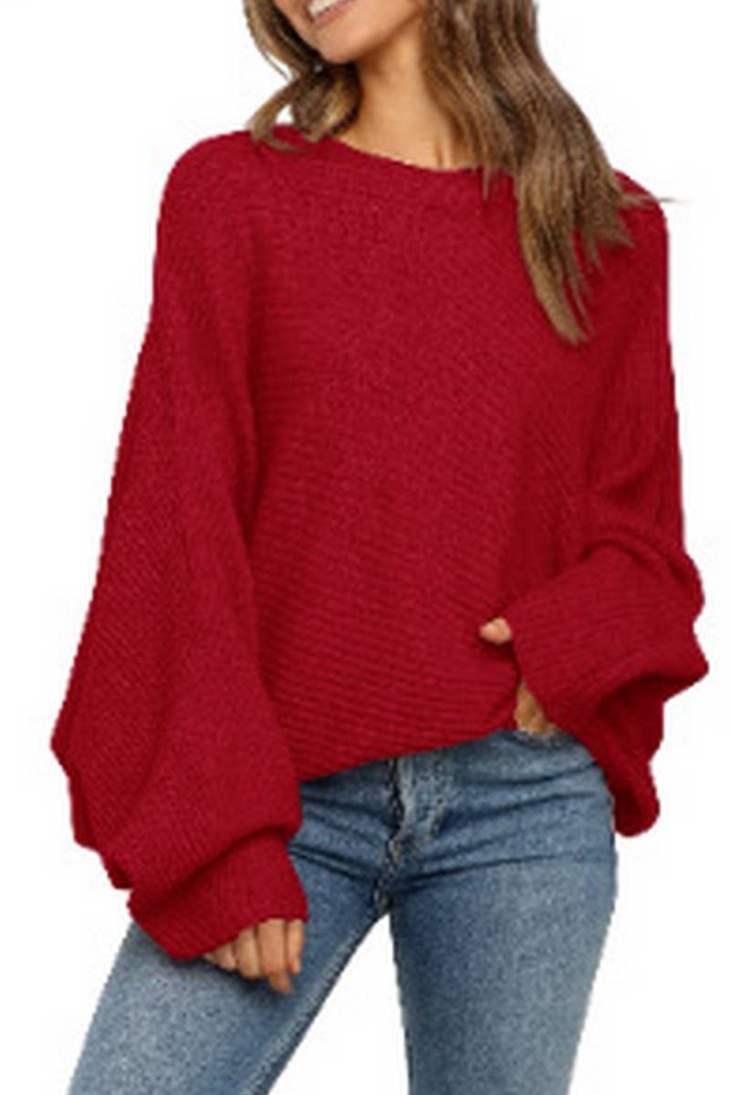 CWOSWL6384_ROUND NECK SOLID COLOR BAT LONG SLEEVE SWEATER