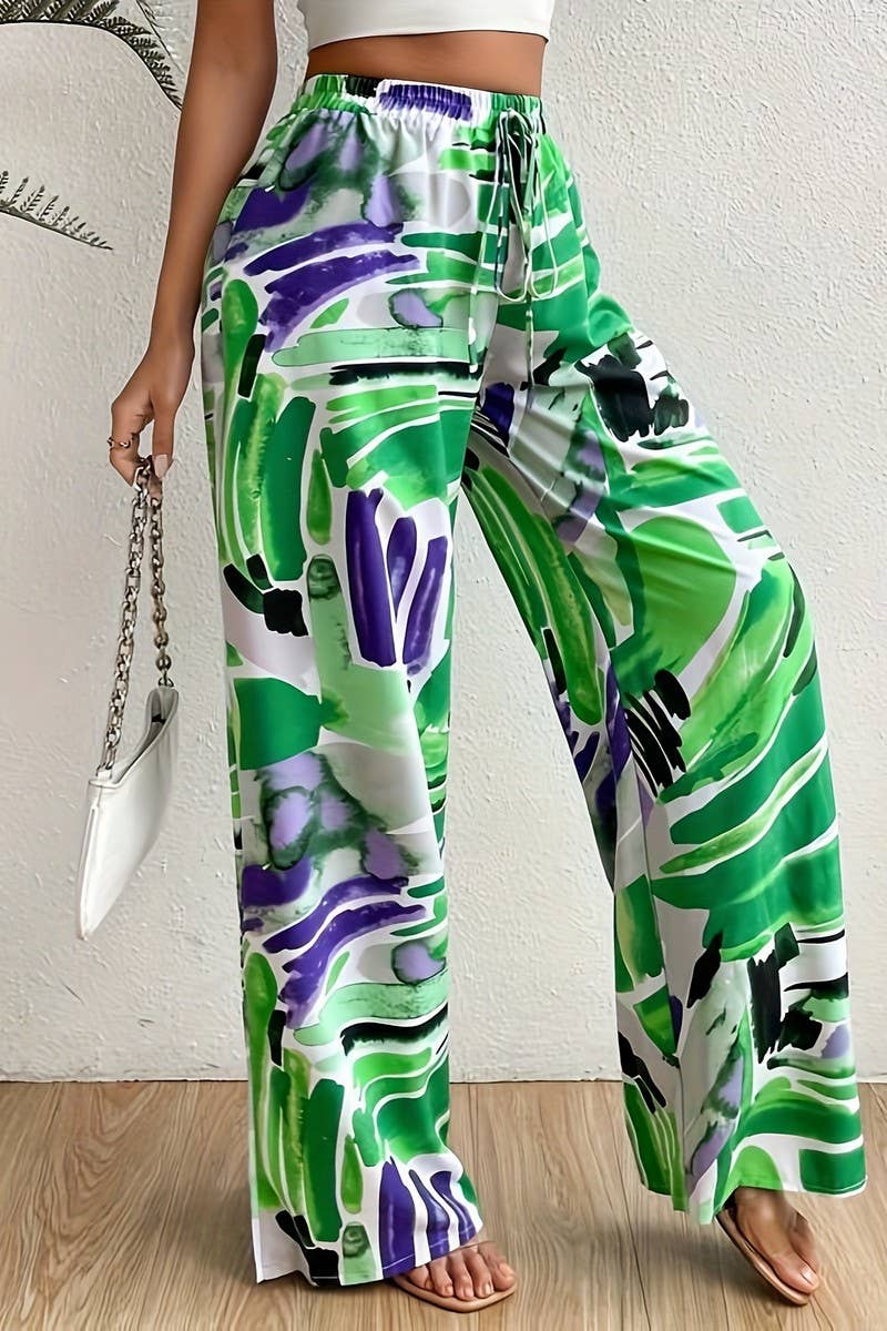 CWBLP1815_SUMMER GRAFFITI PRINT LACE-UP LOOSE TROUSERS