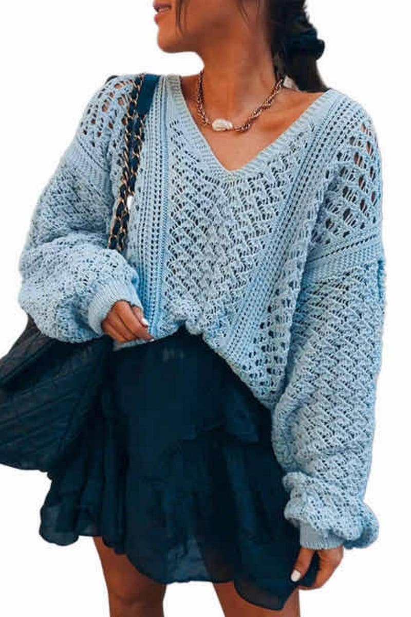 CWOSWL3168_HOLLOW V-NECK KNITTED CROCHETED SWEATER
