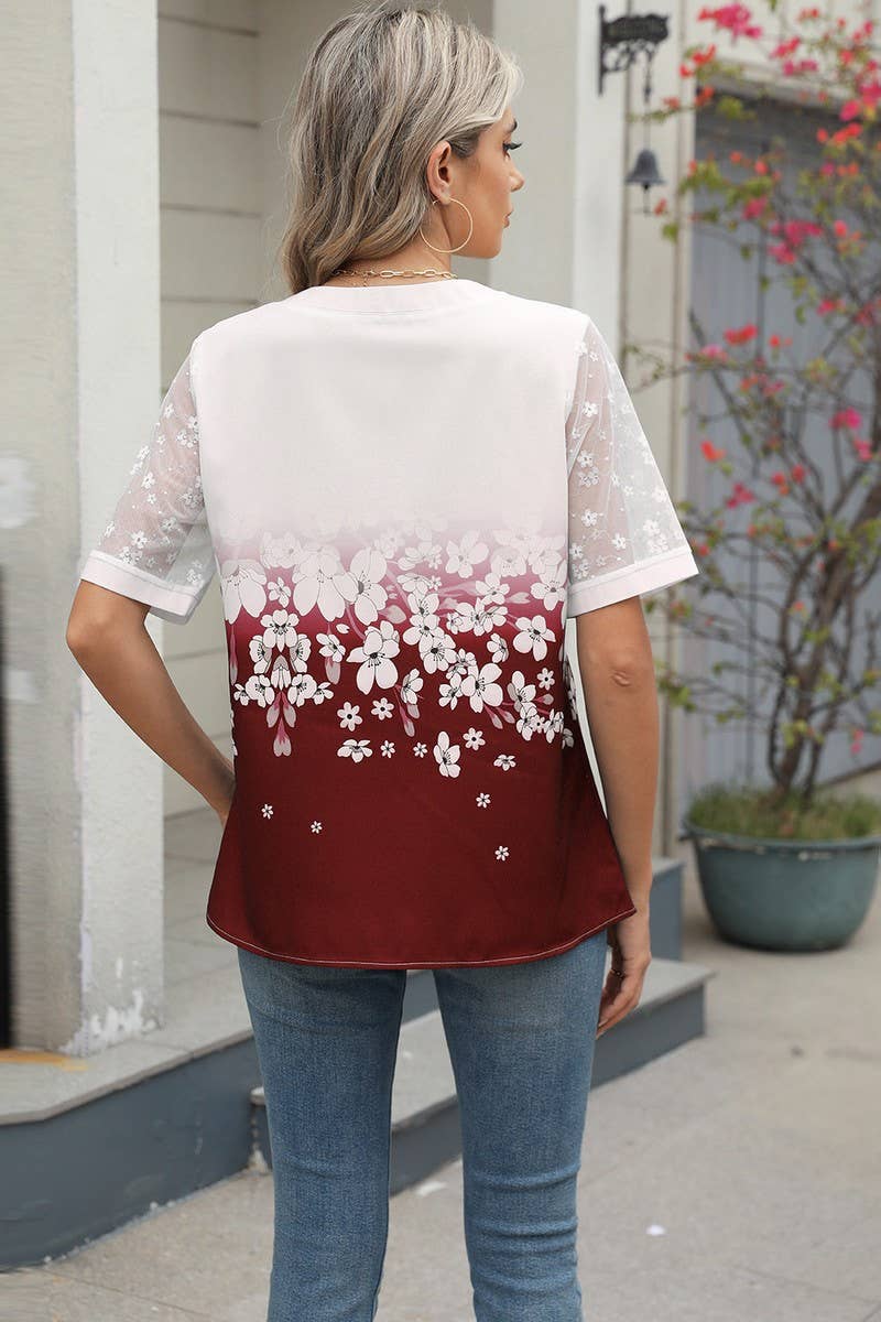 CWTBLS1706_V-NECK PRINTED CHIFFON SHORT-SLEEVED TOP