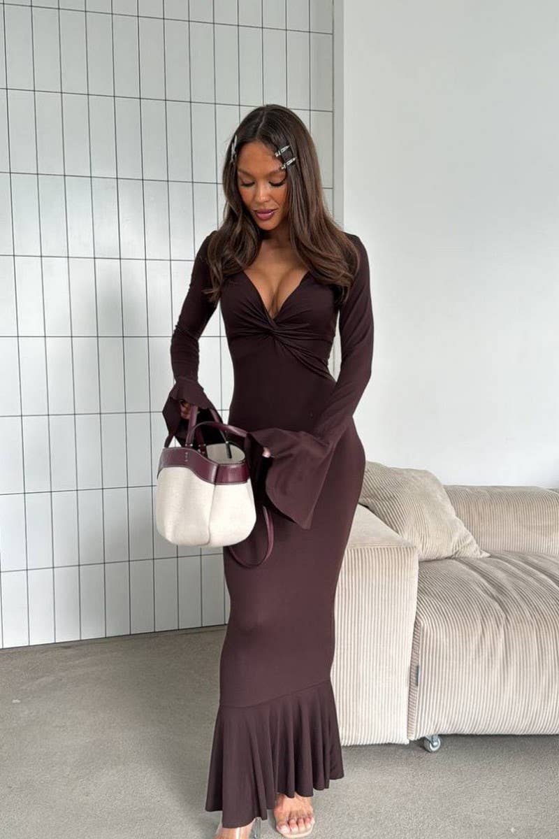 CWDMD01204_V-NECK RUFFLE SLEEVE LONG SLEEVE DRESS