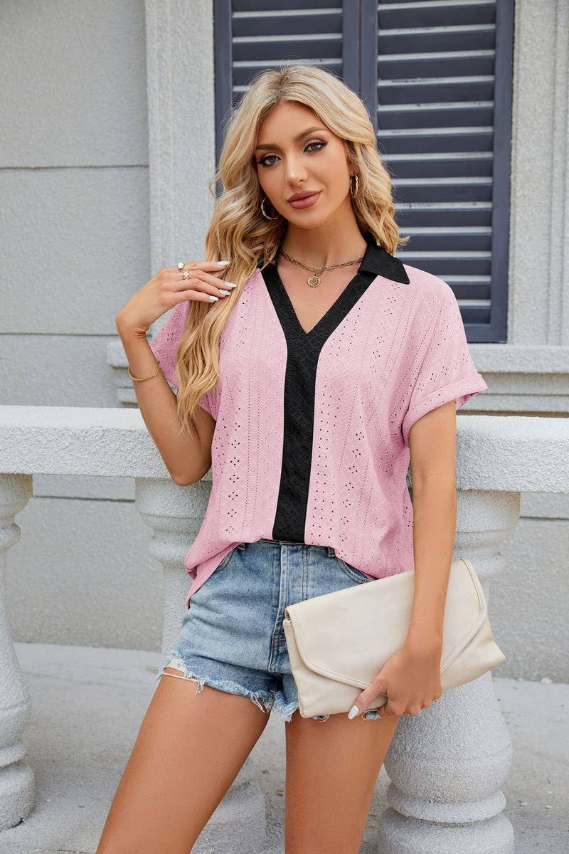 CWTTS0832_V-Neck Short Sleeve Knit Top