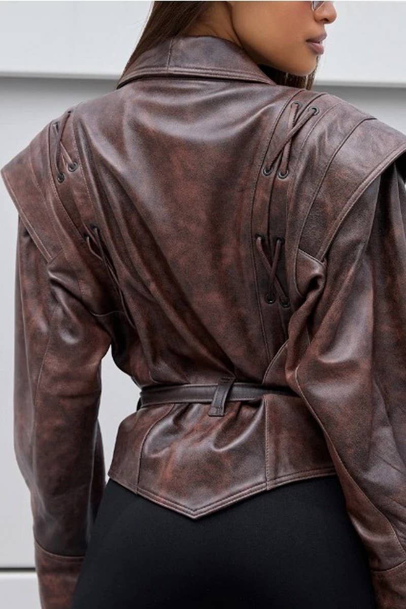 CWOCO1063_VINTAGE CASUAL LACE-UP FAUX LEATHER JACKET