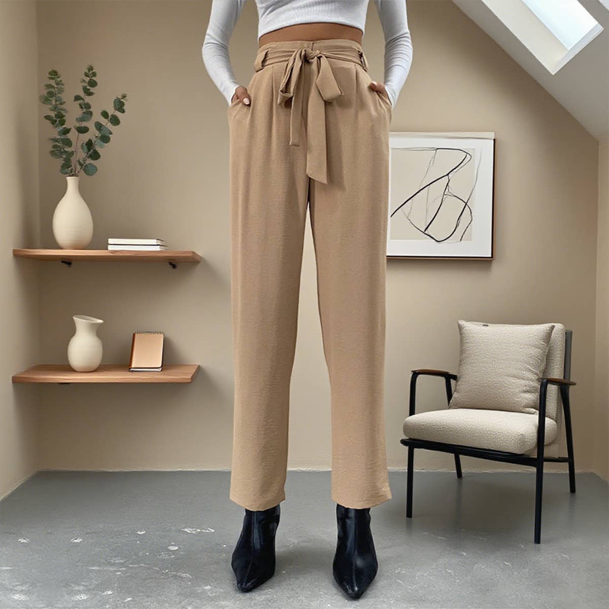 Elastic lace-up wide-leg pants