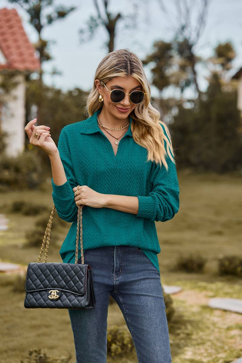 CWTBLL2376_SOLID COLOR LAPEL BUTTON LOOSE CASUAL TOP