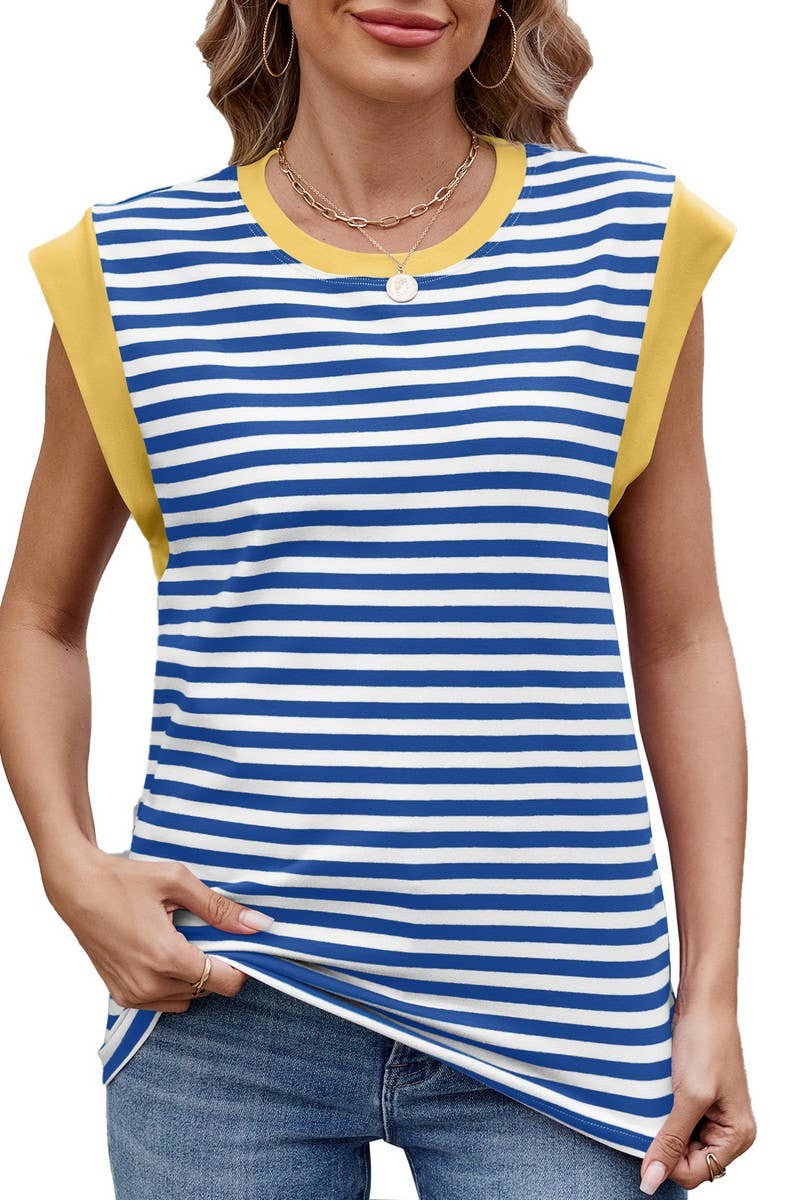 CWTTSL0295_STRIPED CONTRAST PANEL ROUND NECK SLEEVELESS TOP