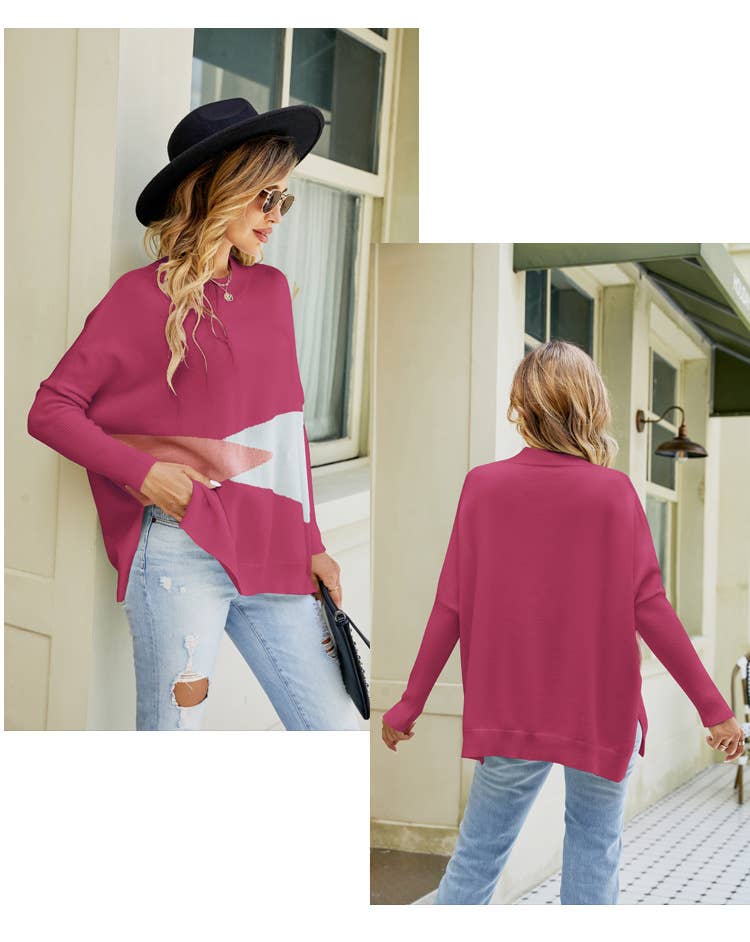 Color contrast baggy bat cuff pullover sweater