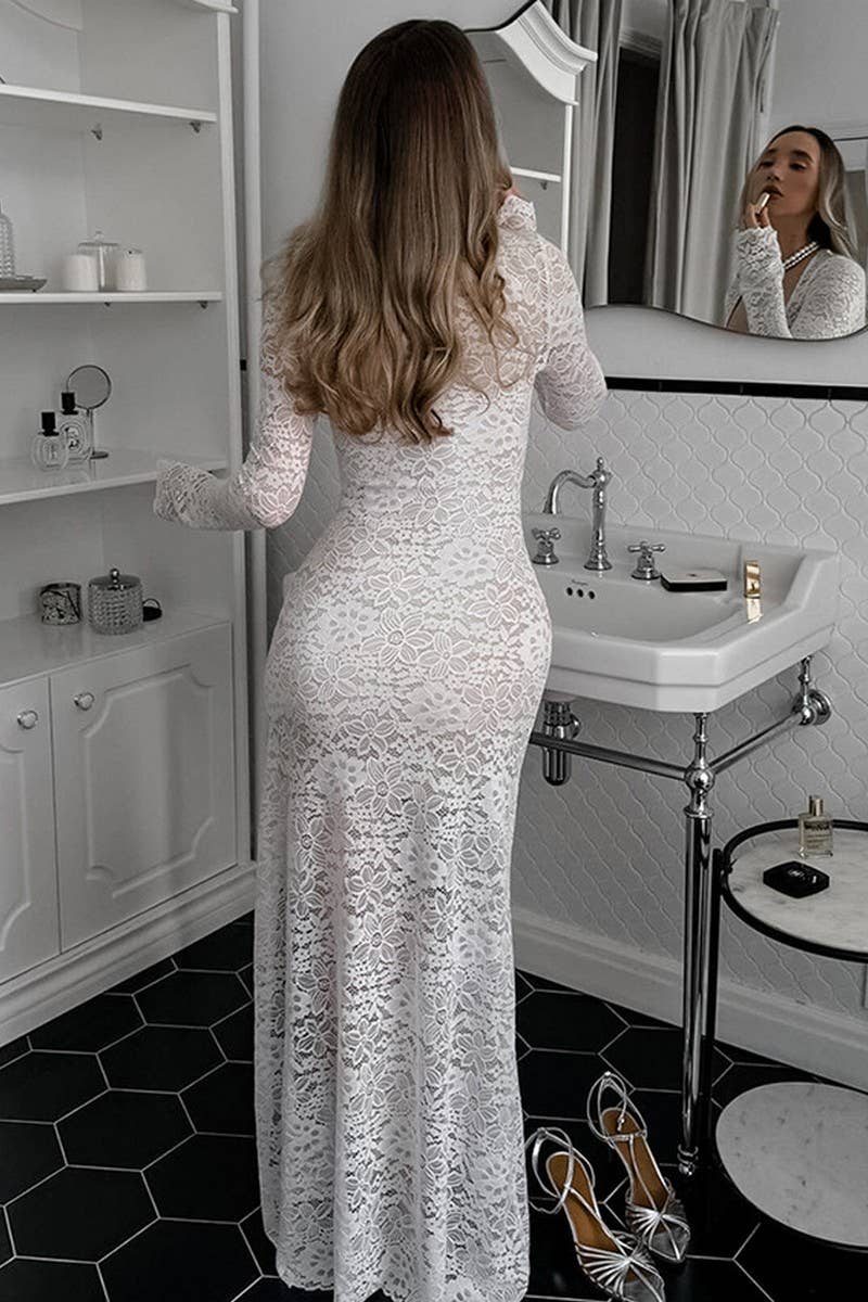 CWDMD952_SQUARE NECK JACQUARD LACE SLIT LONG SLEEVE DRESS