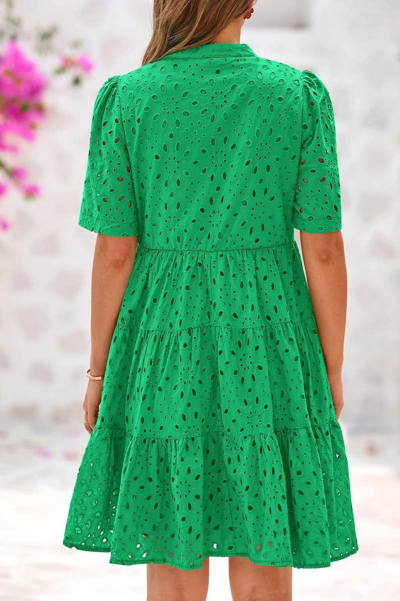 CWDSD8527_V-NECK HOLLOW LACE ELEGANT A-LINE DRESS