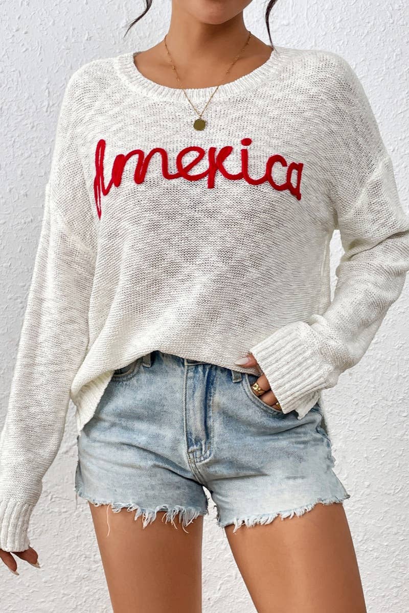 CWOSWL6516_INDEPENDENCE DAY LETTER LONG-SLEEVED SWEATER