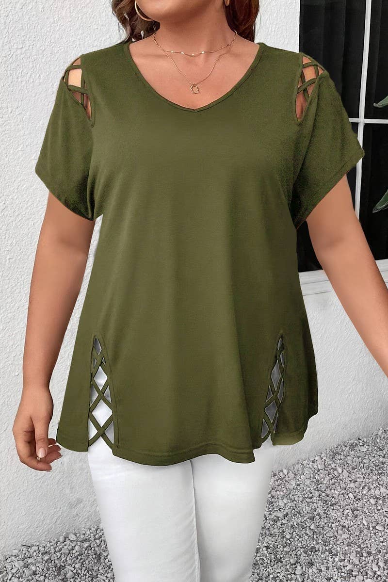 CWTBLS2188_SOLID V-NECK CRISSCROSS SHORT SLEEVE T-SHIRT