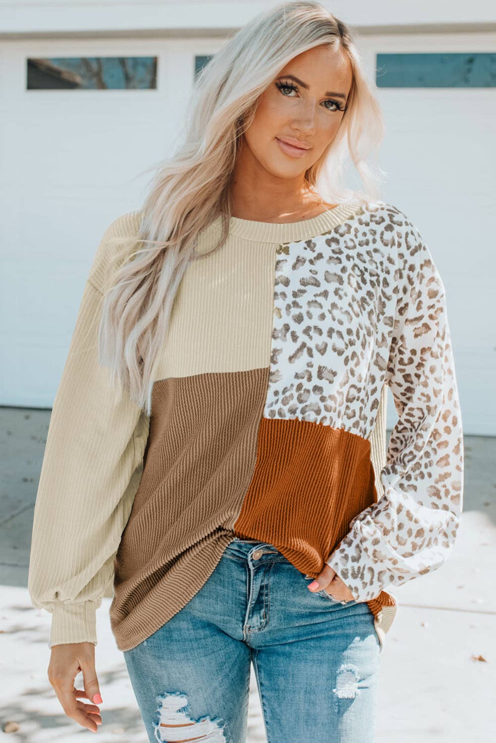 Color-blocking leopard long-sleeved sweatshirt