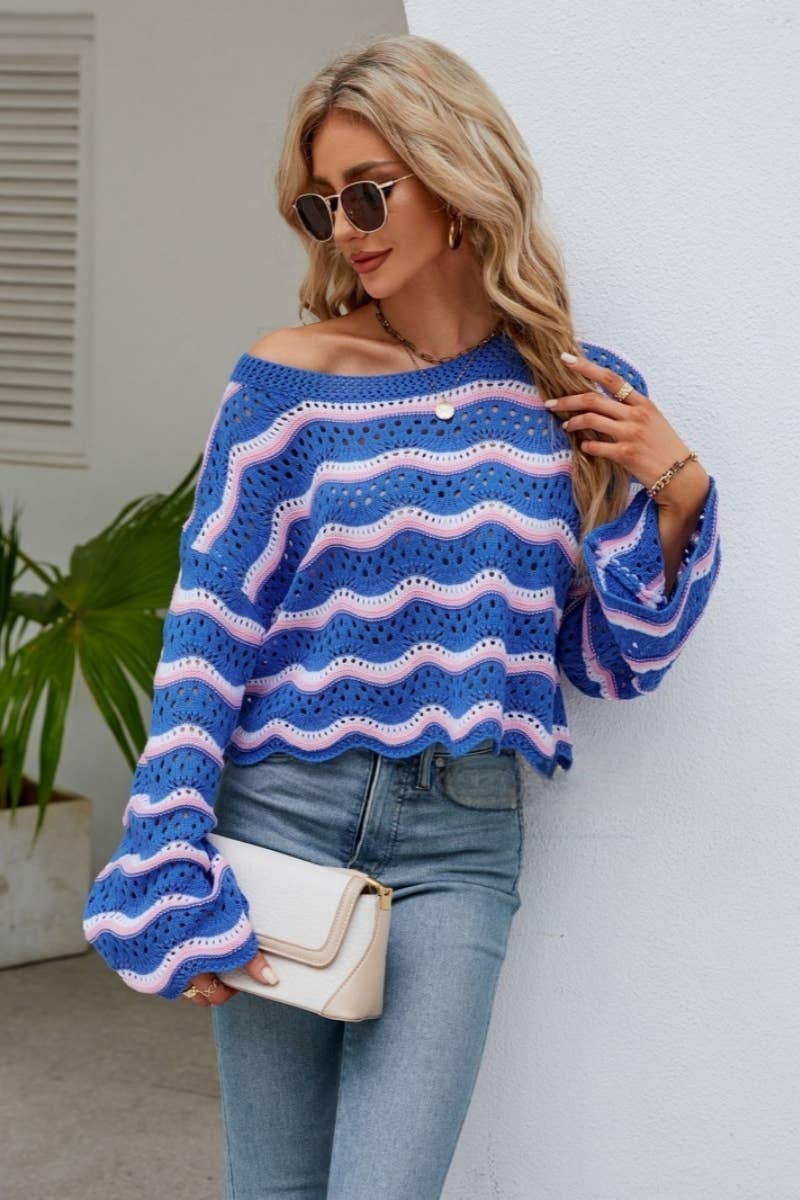 CWOSWL603 Flare Sleeved Round neck Hollowed Out Sweater