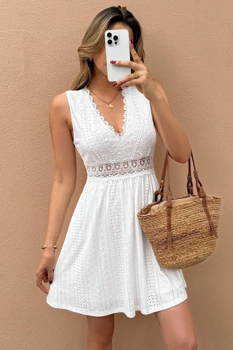 CWDSD8242_CASUAL SLEEVELESS V-NECK LACE JACQUARD DRESS