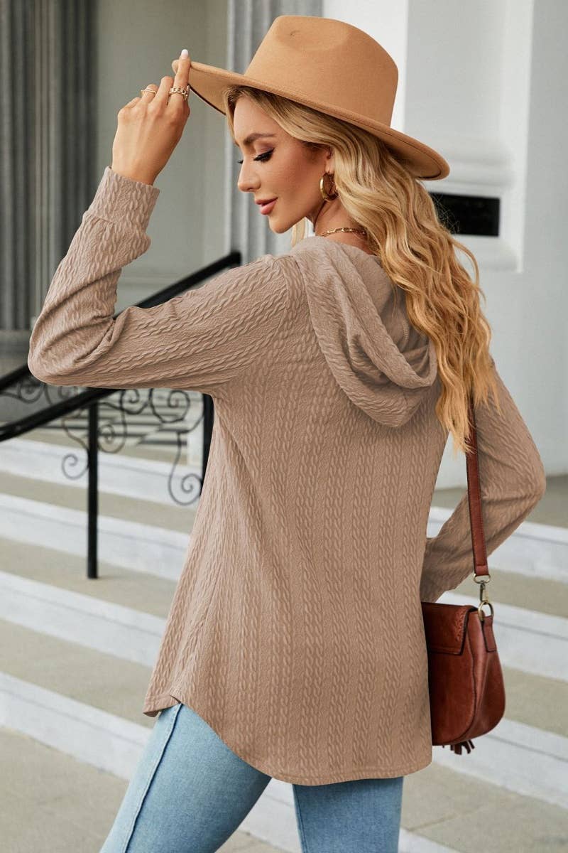 CWTBLL2794_FALL V-NECK HOODED LONG-SLEEVED KNIT TOP