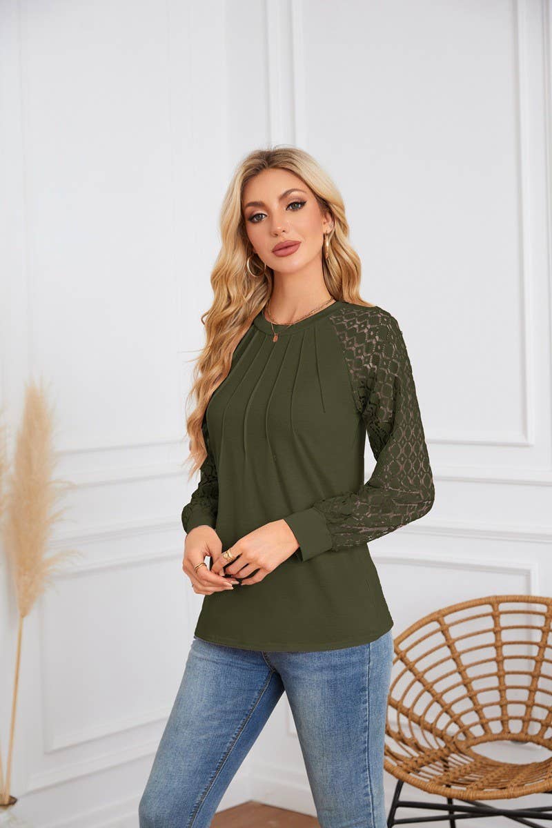 CWTBLL4096_LACE PANEL ROUND NECK PLEATED LONG SLEEVE TOP