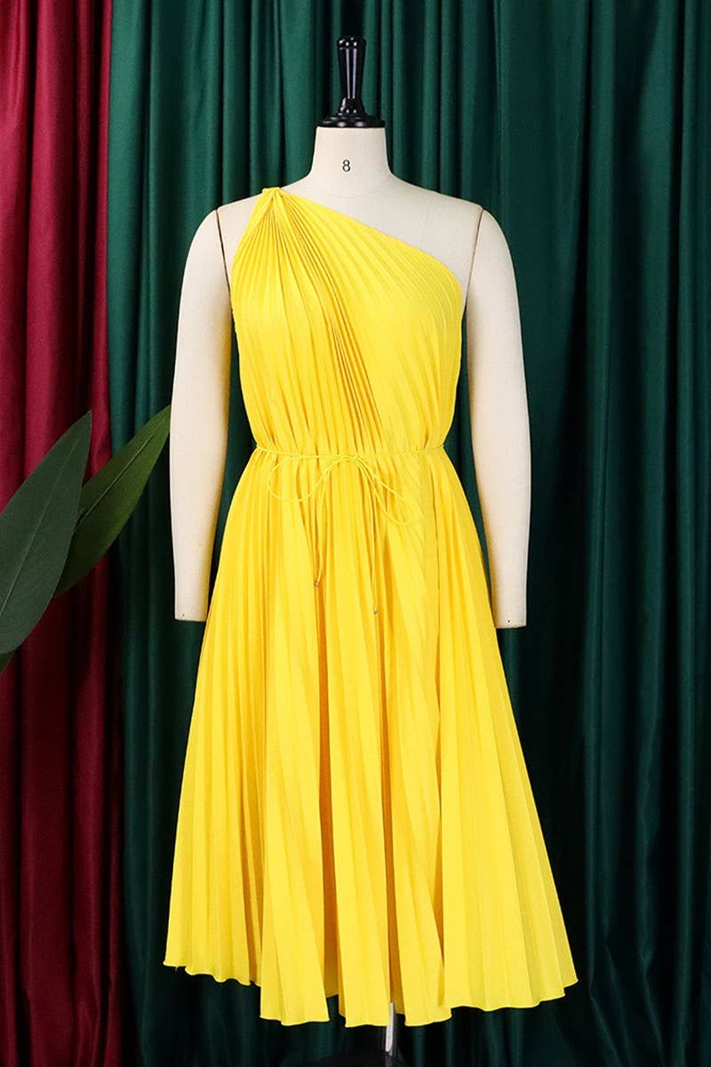 CWDSD10889_2023 SUMMER PLUS SIZE ONE SHOULDER PLEATED DRESS