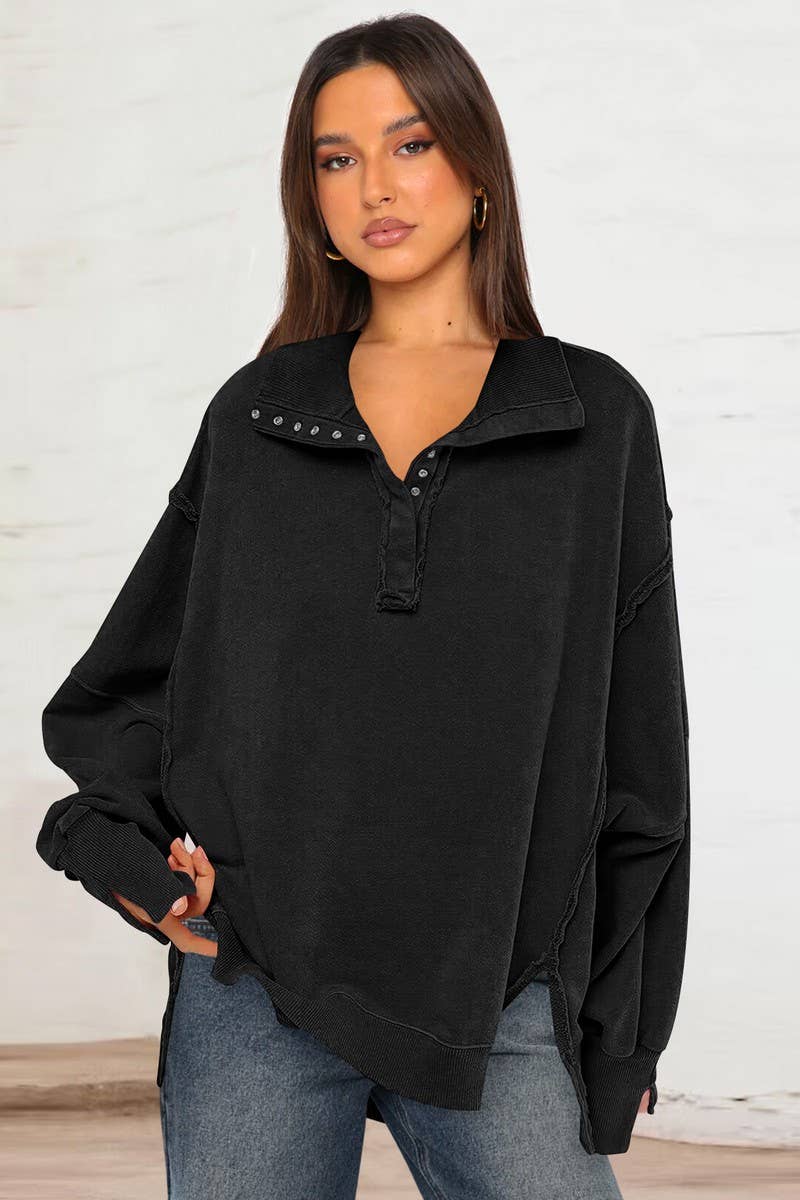 CWTBLL3993_SLIT LANTERN SLEEVE POLO COLLAR SWEATSHIRT