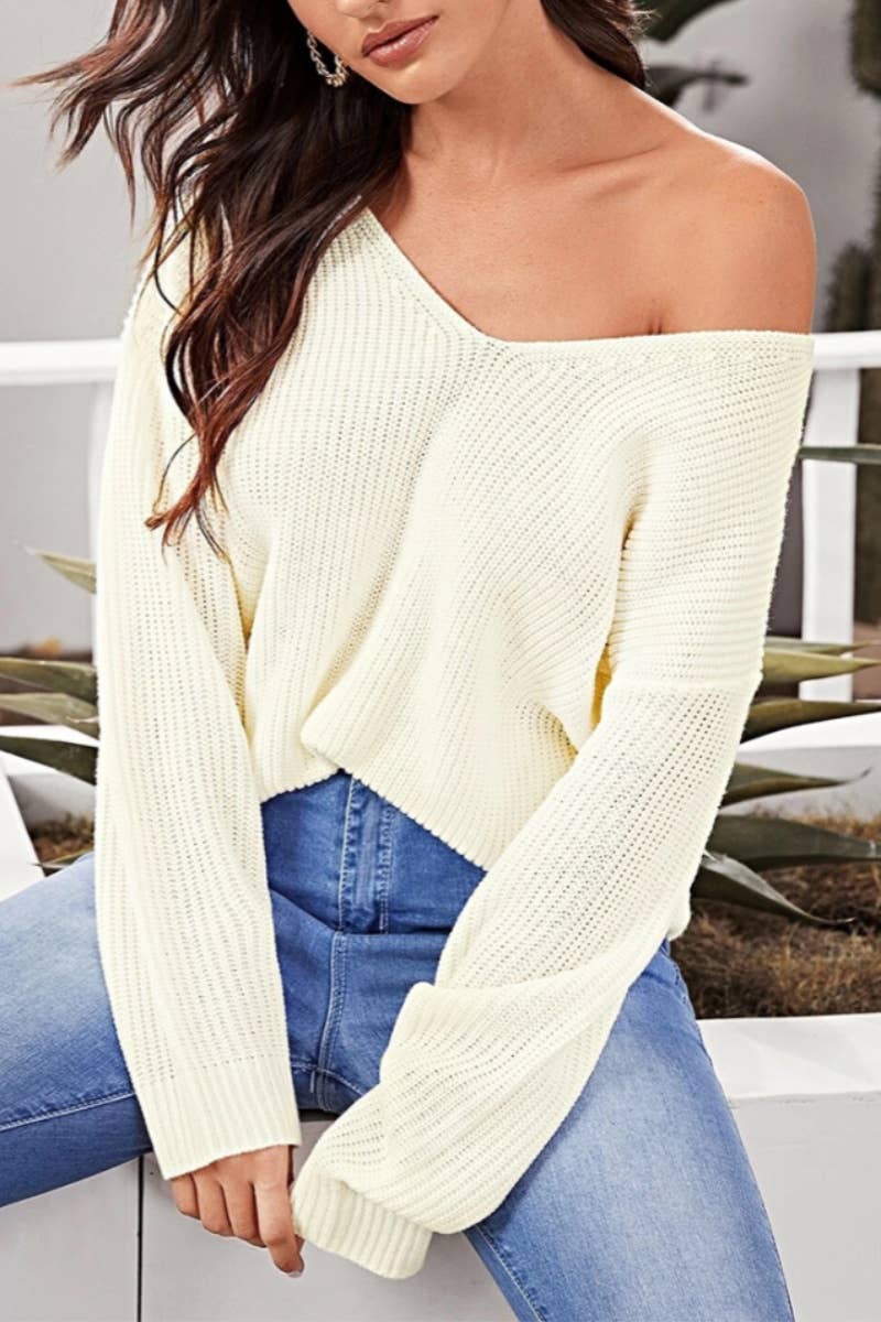 CWOSWL6250_KNIT BACKLESS V-NECK LONG-SLEEVED SWEATER
