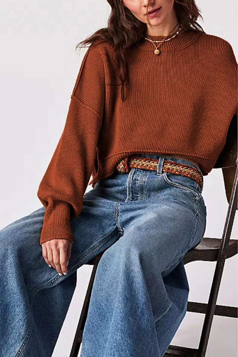 CWOSWL5854_SOLID COLOR CROP SWEATER WITH LONG SLEEVES