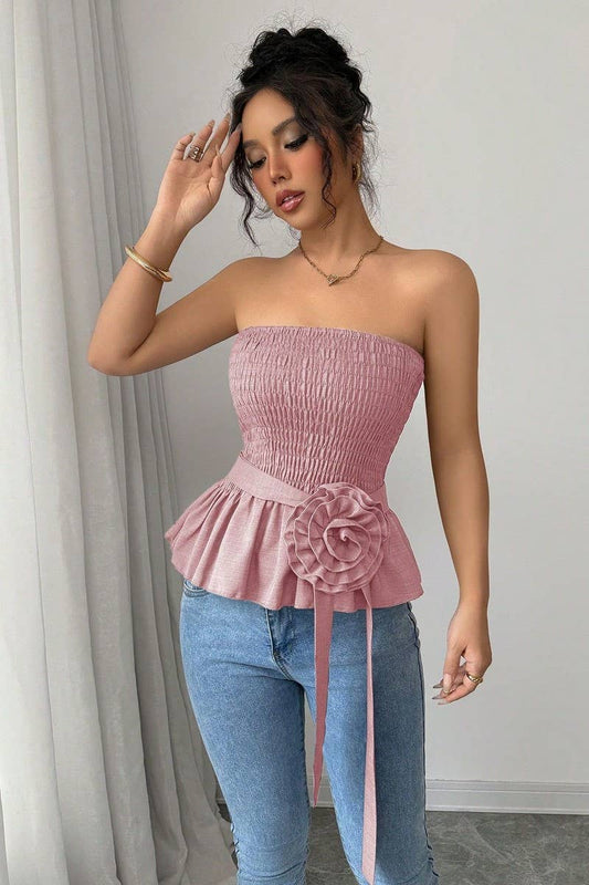 CWTTT0076_SOLID COLOR STRAPLESS 3D FLORAL CROP TOP