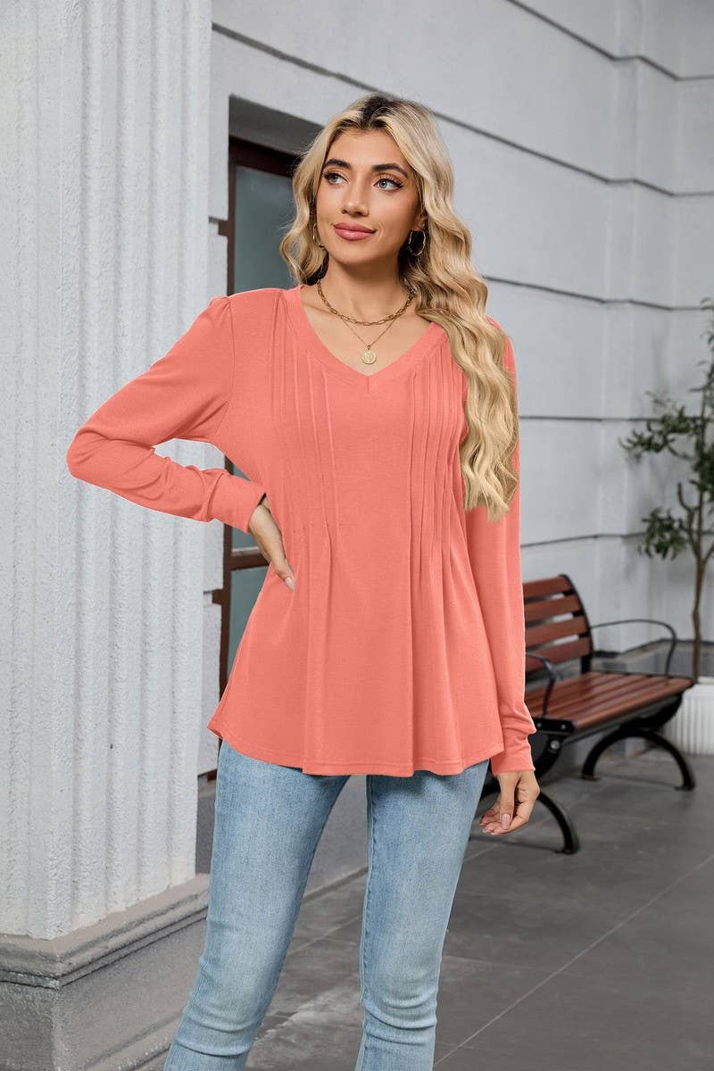 CWTBLL01306_V NECK RIBBED SOLID LONG SLEEVE CASUAL TEE