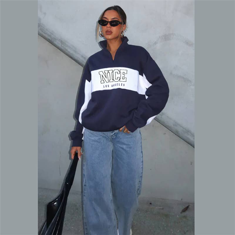 COLOR CONTRAST LETTER PRINT LOOSE CASUAL HOODIE