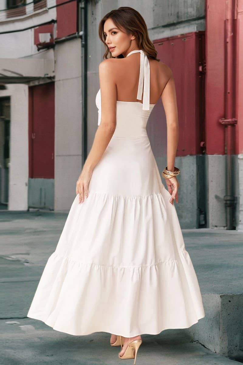 CWDHL1060_SOLID HALTER CAMI TIERED BODYCON DRESS