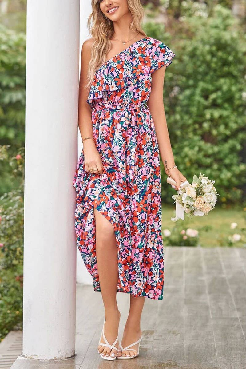 CWDMD4123_ONE-SHOULDER PRINTED TIE-NECK RUFFLE DRESS